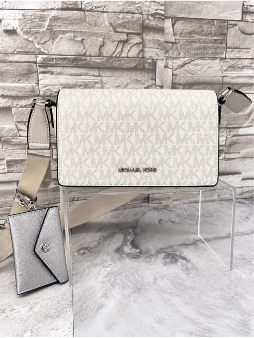 Michael Kors Vincent Crossbody MK Signature Logo + Card Case Silver/White